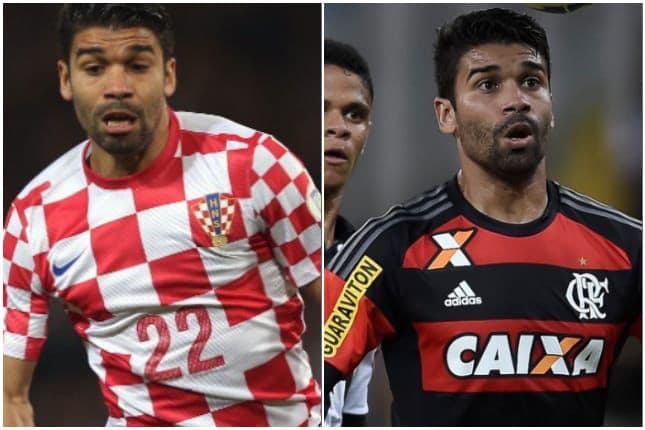 Eduardo da Silva com as camisas de Croácia e Flamengo; jogador deu palpite para o jogo entre Brasil e Croácia na Copa do Mundo
