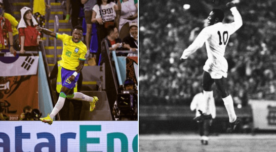 Vinícius e Pelé lado a lado em uma montagem comemorando gol da mesma forma; Pelé morreu nesta quinta-feira (29)