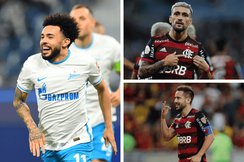 Em mosaico: Claudinho à esquerda, Arrascaeta em cima e Everton Ribeiro em baixo