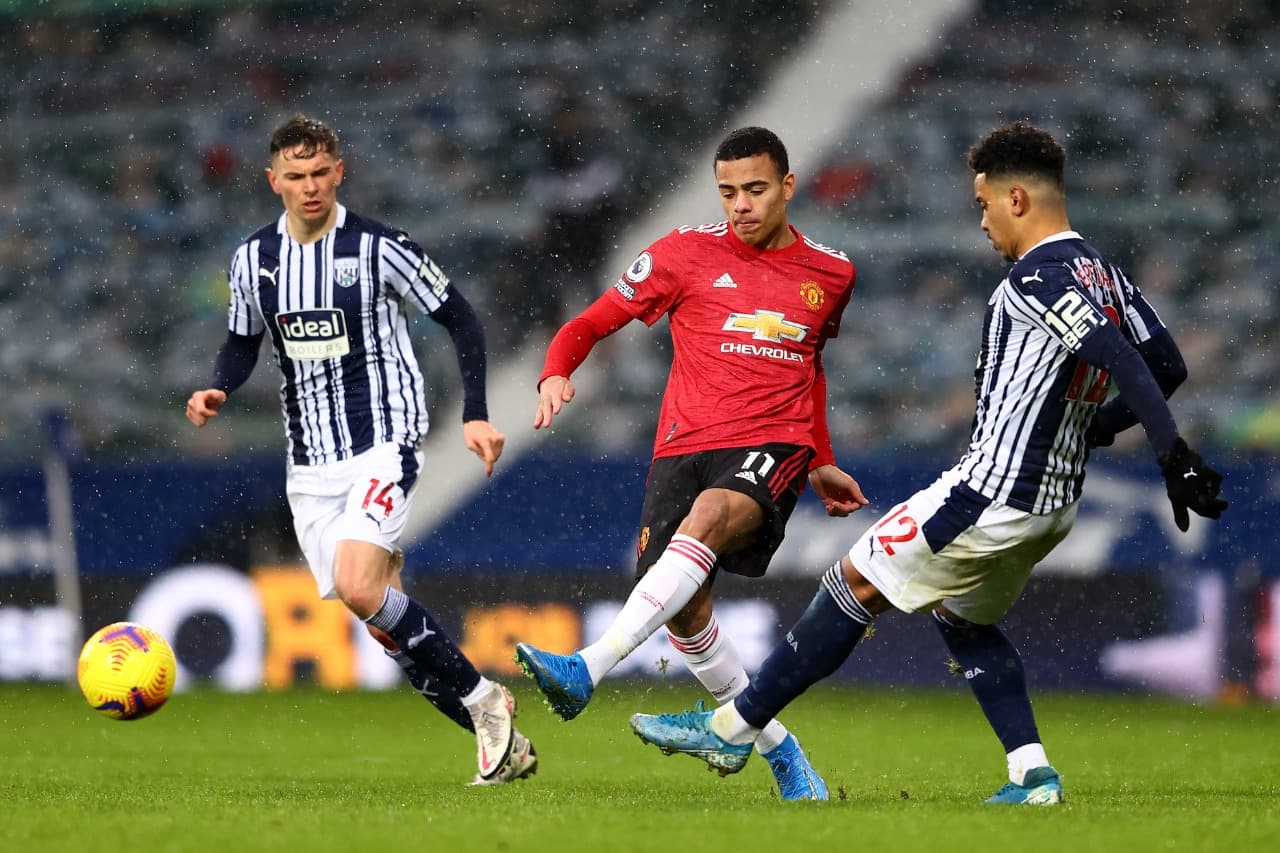 Mason Greenwood do Manchester United é desafiado por Matheus Pereira do West Bromwich Albion durante a partida da Premier League entre West Bromwich Albion e Manchester United no The Hawthorns em 14 de fevereiro de 2021 em West Bromwich, Inglaterra. Torce