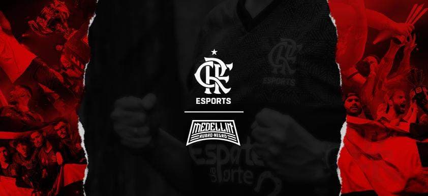 Fundo preto e as logos de Flamengo eSports e Medellin Games em branco. As logos são divididas por uma linha horizontal também na cor branca.