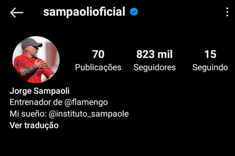 Agora ex-técnico do Flamengo, Jorge Sampaoli não mudou bio no instagram mesmo com Tite perto de se tornar o novo treinador