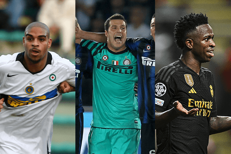 Adriano com a camisa da Inter em 2005, Julio Cesar em 2010 e Vini Jr. em atuação pelo Real Madrid. Vini é o terceiro jogador formado no Flamengo a disputar a Bola de Ouro