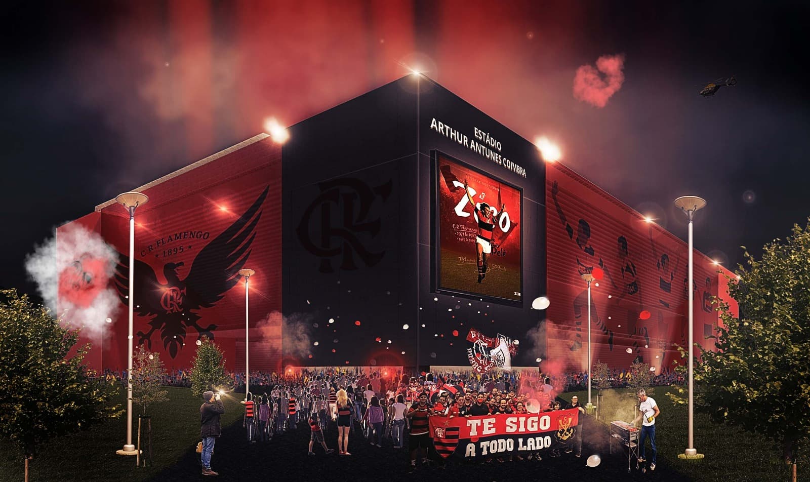 Simulação de estádio do Flamengo. Arquiteto pondera que Flamengo pode ter objetivo de construir estádio para 100 mil no Gasômetro, mas capacidade vai depender de autoridades