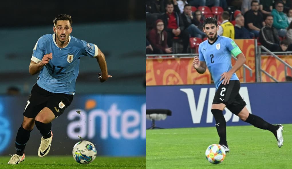 Matías Viña, à esquerda, e Bruno Méndez á direita com camisa da Seleção do Uruguai; ambos são alvos do Flamengo para 2024
