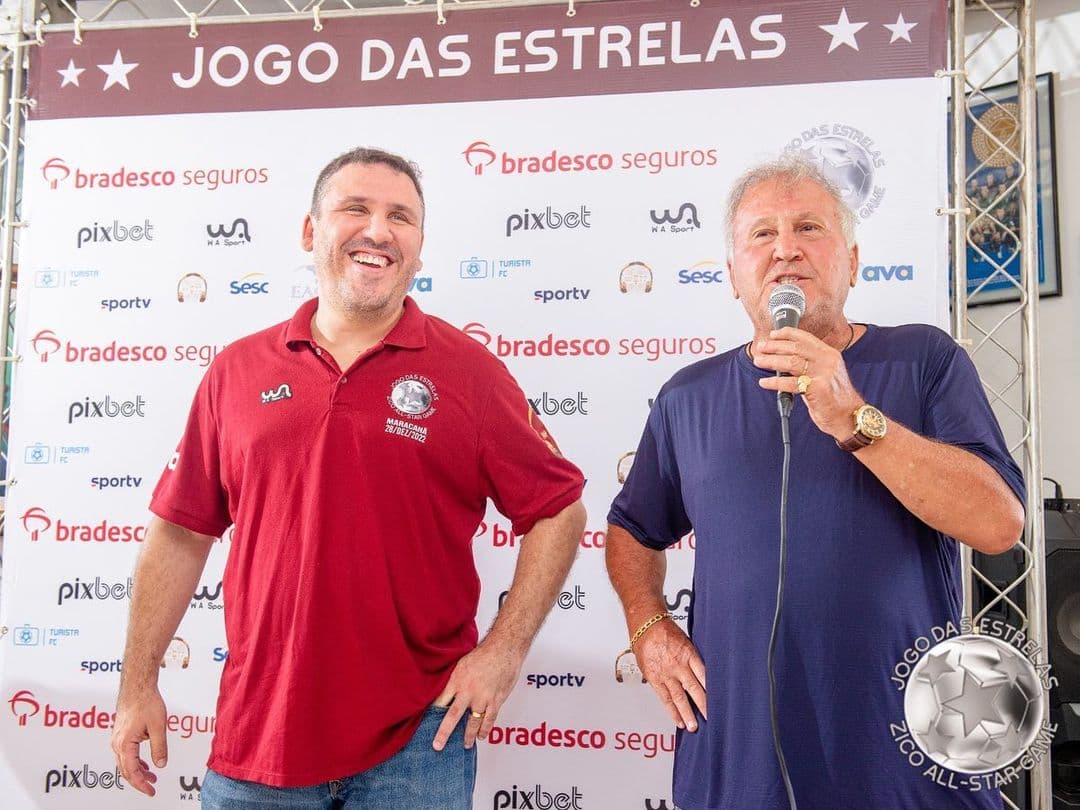 Zico e seu filho Junior Coimbra no anúncio do Jogo das Estrelas