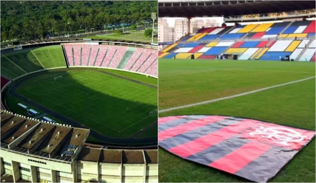 Estádio Parque do Sabiá, à esquerda, e Kleber Andrade à direita; Flamengo vai jogar contra o Bangu em um dos dois estádios no Carioca 2024