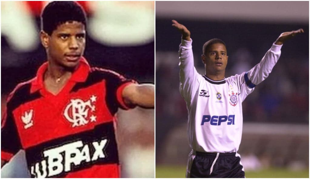 Marcelinho Carioca com a camisa do Flamengo, à esquerda, e com camisa do time paulista à direita