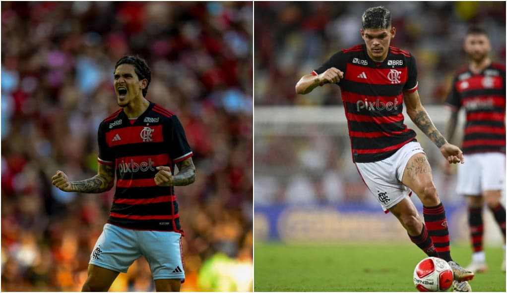 Pedro e Ayrton Lucas em campo pelo Flamengo; atletas estão no radar de Dorival Júnior para convocação na Seleção Brasileira