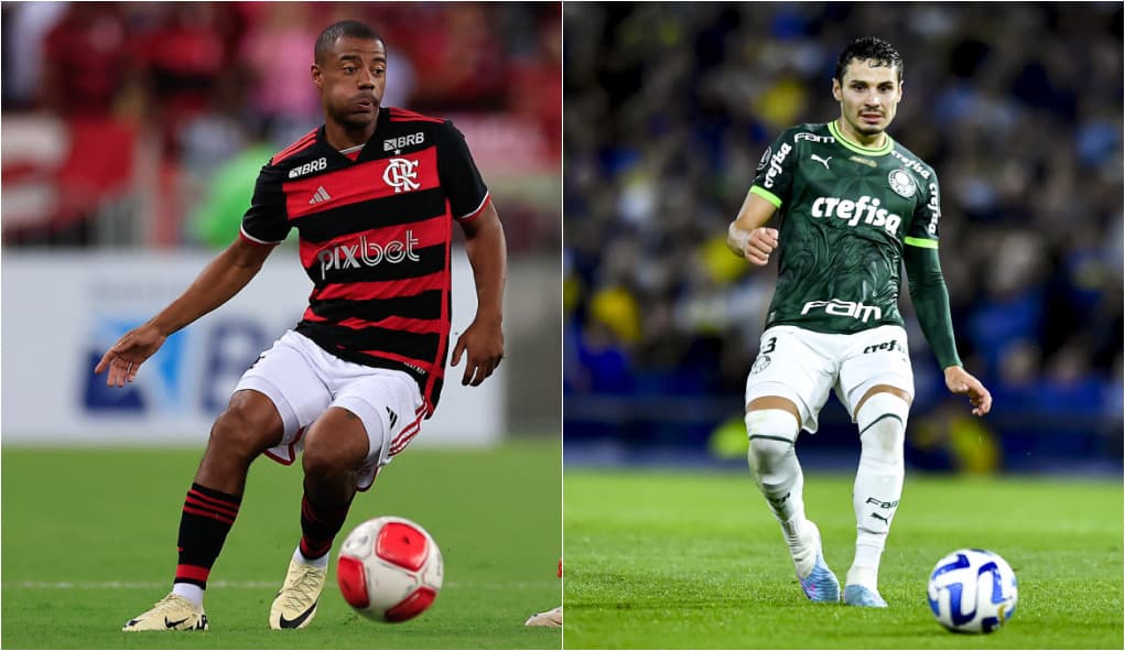 De La Cruz em campo pelo Flamengo e Veiga no Palmeiras