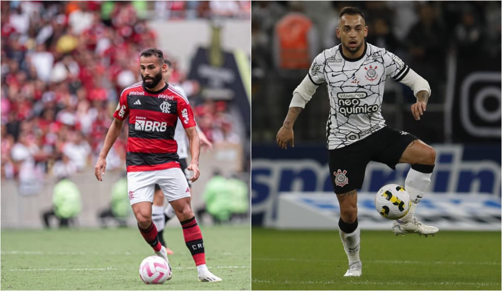 Thiago Maia em campo pelo Flamengo e Maycon pelo Corinthians