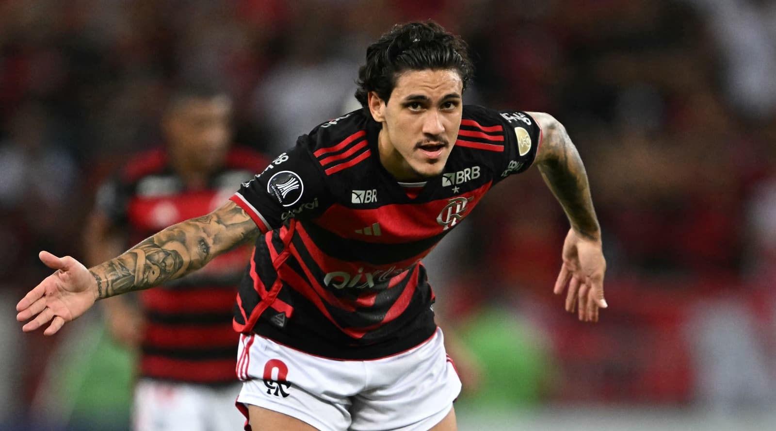 Pedro comemora gol em Flamengo x Millonarios; Camisa 9 atingiu 20 gols em 25 jogos e é ano que chega em marca mais rápido na carreira