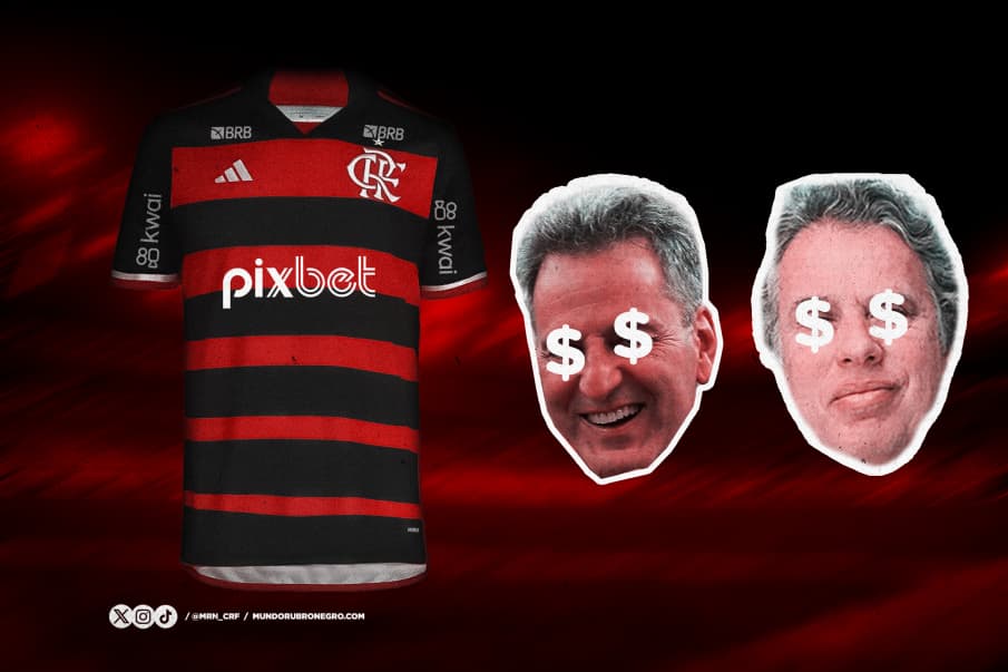 Landim e Gustavo Oliveira ao lado do uniforme do Flamengo; Manto renderá mais de R$ 250 milhões por ano com acordos de Pixbet e Adidas