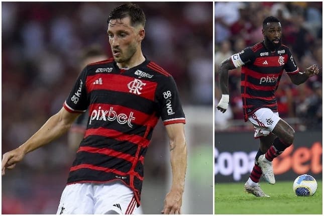 Tela dividida: Viña toca a bola para companheiro. Gerson corre com a bola