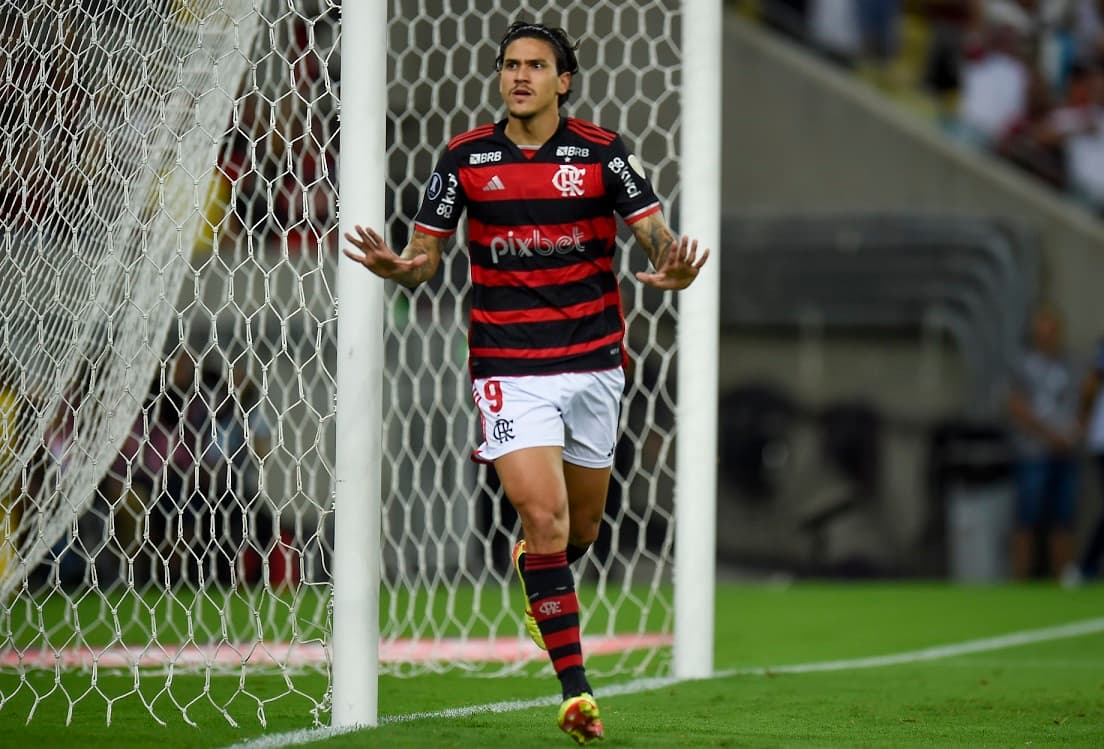 Pedro, do Flamengo, comemorando seu primeiro gol contra Millionarios na vitória por 3 a 0, no Maracanã, pela Libertadores