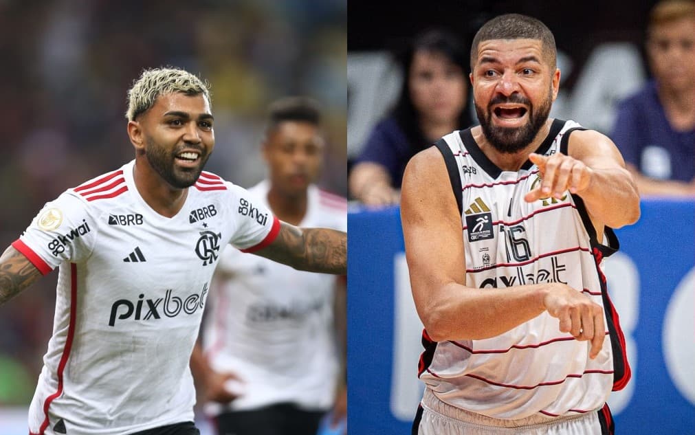 Gabigol, à esquerda, e Olvinha à direita. Gabi projetou aposentadoria do ídolo com mais um título de NBB pelo Flamengo