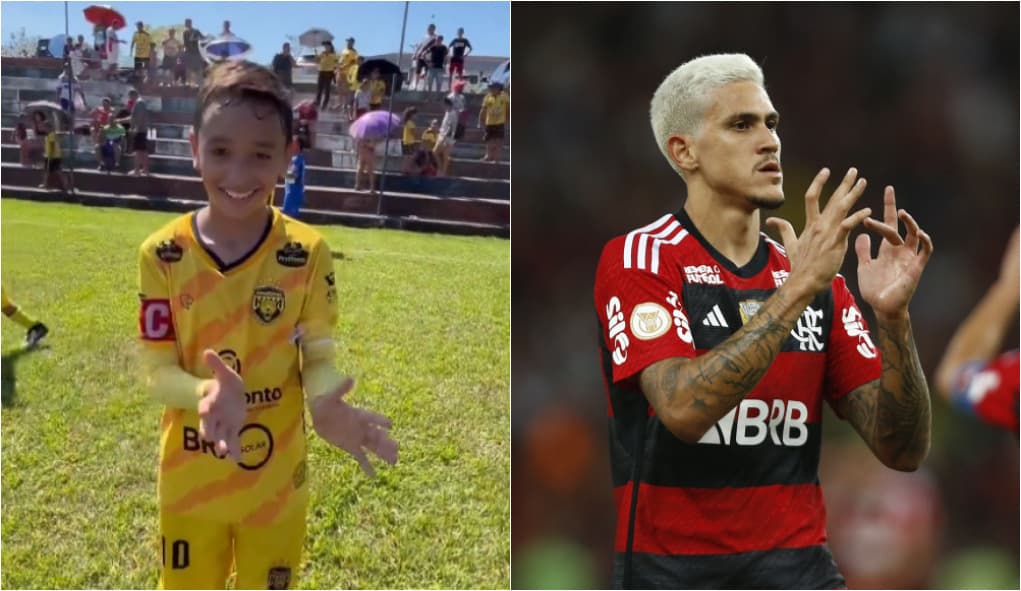Samuel, do Amazonas FC, faz comemoração de Pedro; Ao lado, atacante do Flamengo fazendo o gesto