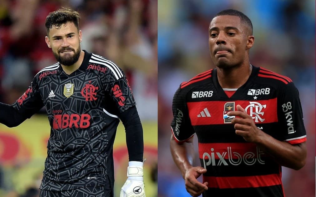 Matheus Cunha e De La Cruz em jogos do Flamengo; ambos serão titulares contra o Palmeiras na Copa do Brasil