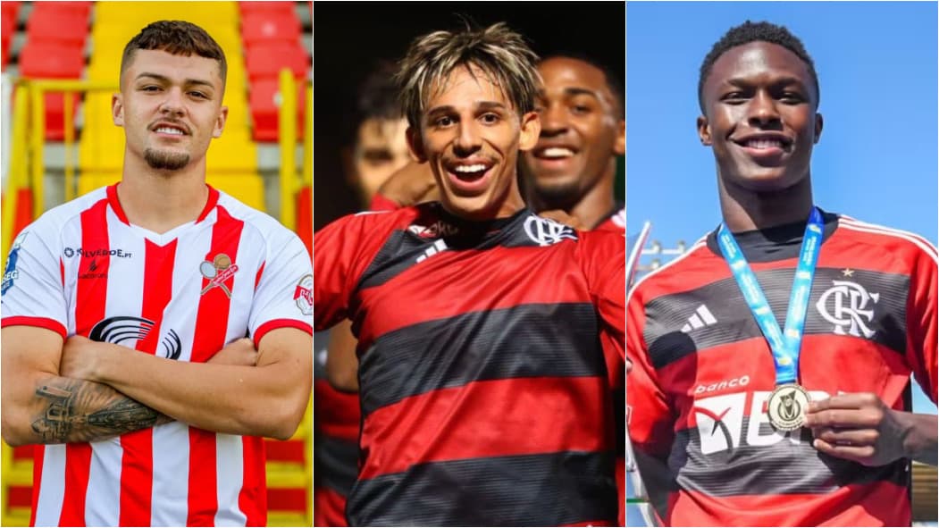 Noga, com camisa do Leixões, e Werton e Diegão vestindo Manto Sagrado; clube português quer contratar os 3 crias do Flamengo