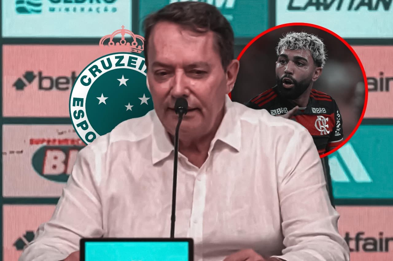 Pedro Lourenço, dono da SAF do Cruzeiro, falando em coletiva. Ao fundo uma montagem com escudo do Cruzeiro e imagem de Gabigol