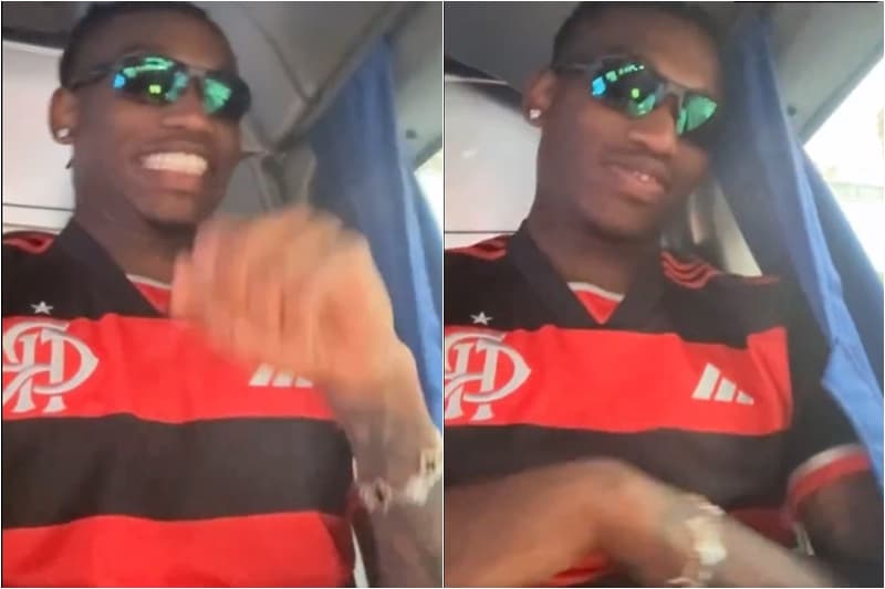 Rafael Leão dançando ouvindo trap e com camisa do Flamengo durante férias no RJ