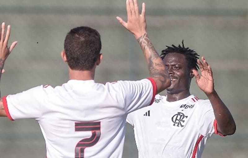 Shola cumprimenta Felipe Teresa após gol em Flamengo x Bahia pelo Brasileirão Sub-20