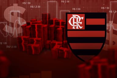 Arte com símbolo do cifrão, escudo do Flamengo, gráficos e cédulas do Flamengo