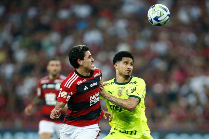 Pedro e Murilo disputando bola em Flamengo e Palmeiras