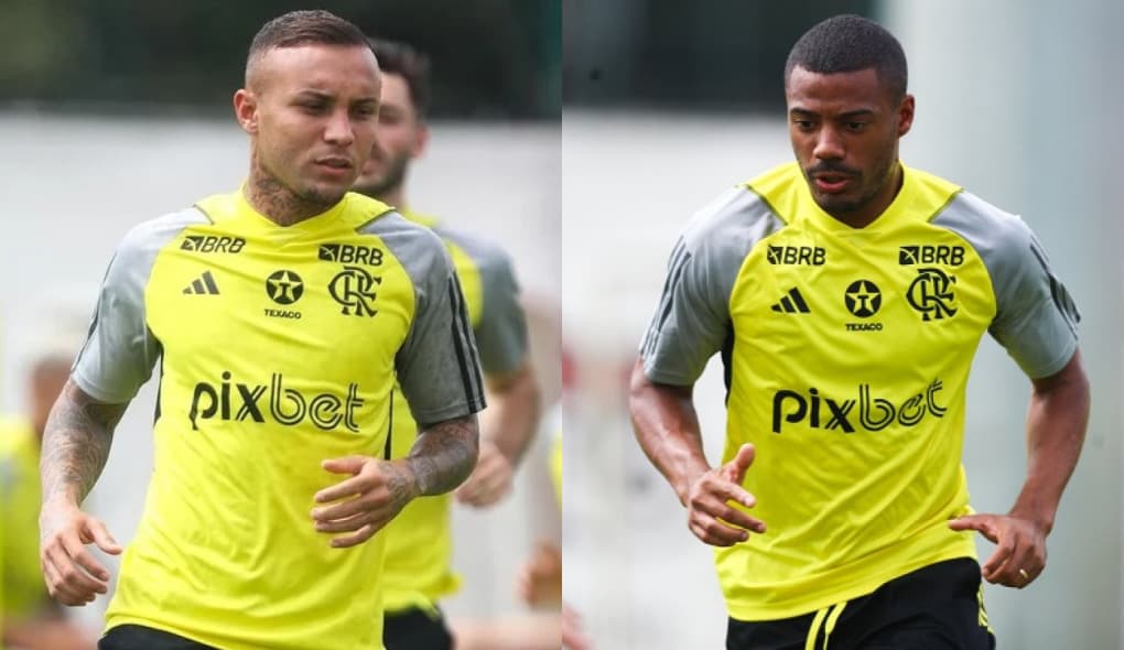 Cebolinha e De La Cruz em treinos do Flamengo; comissão mantém esperança de contar com dupla contra o Palmeiras na Copa do Brasil