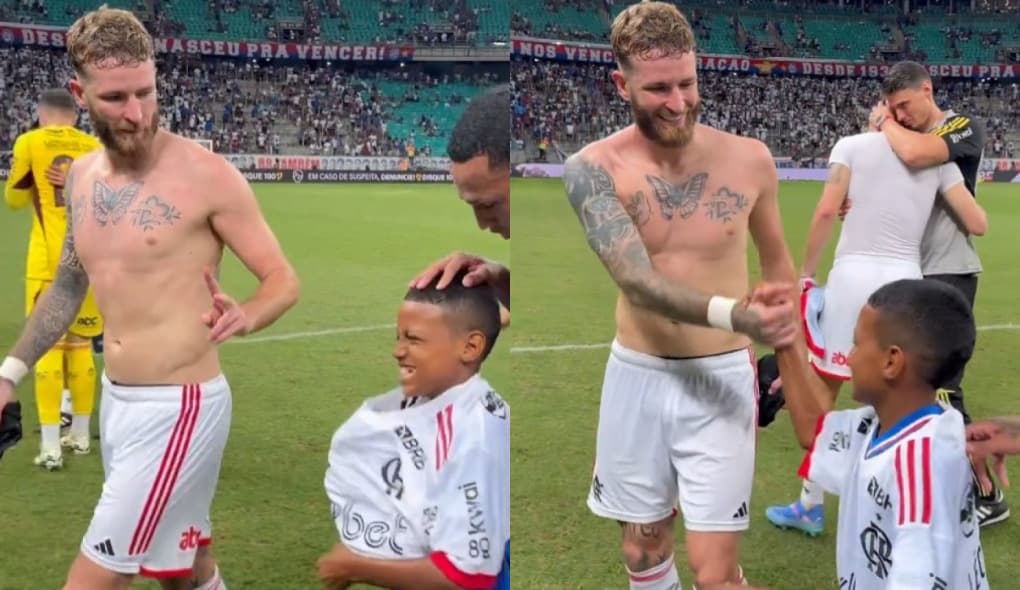 Léo Pereira dá camisa de presente e cumprimenta torcedor mirim do Bahia após vitória do Flamengo na Fonte Nova