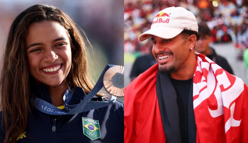 Rayssa Leal com medalha de bronze conquistada em Paris, e ítalo Ferreira com bandeira do Flamengo no Maracanã