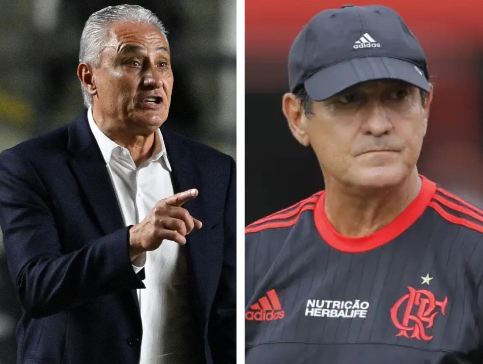 Tite gesticula, e Muricy Ramalho com expressão séria em treino do Flamengo