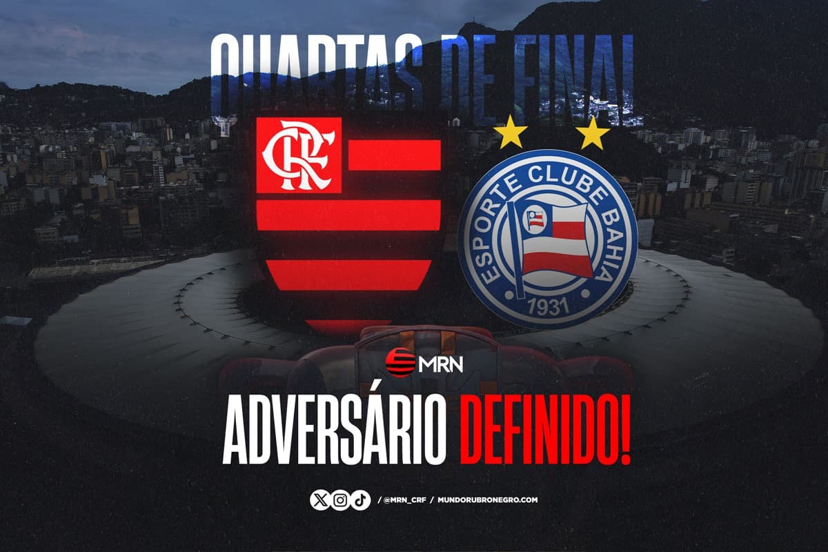Imagem com escudos de Flamengo e Bahia sobre o Maracanã com os dizeres "quartas de final" no topo, o Maracanã em baixo e "adversário definido" na parte de baixo