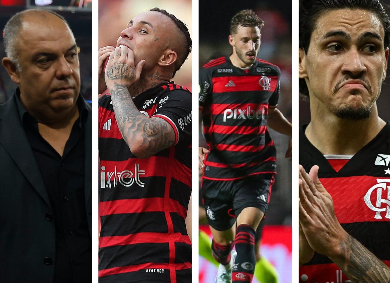 Marcos Braz observa ao seu redor; Everton Cebolinha leva mãos à boca; Matías Viña chega para dividir bola e Pedro aplaude irônicamente