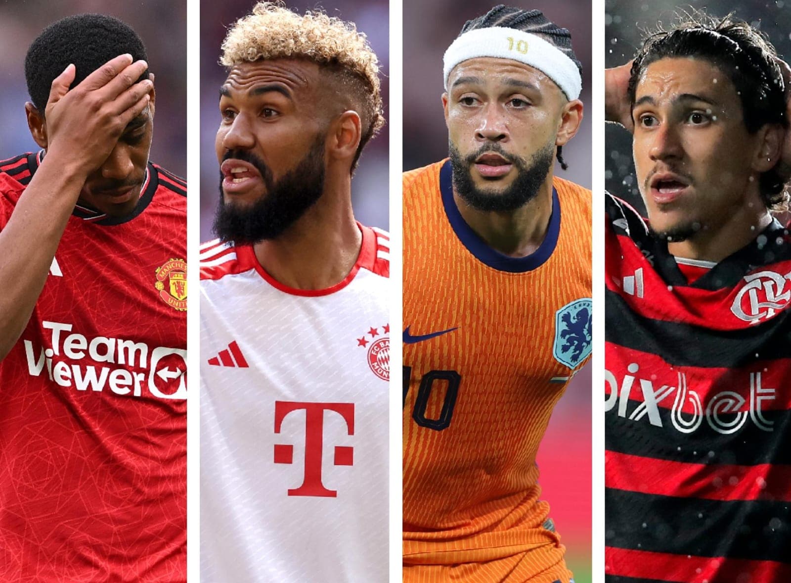 Martial seca rosto, Choupo-Moting olha para o lado, Depay presta atenção em jogada e Pedro leva mãos à cabeça