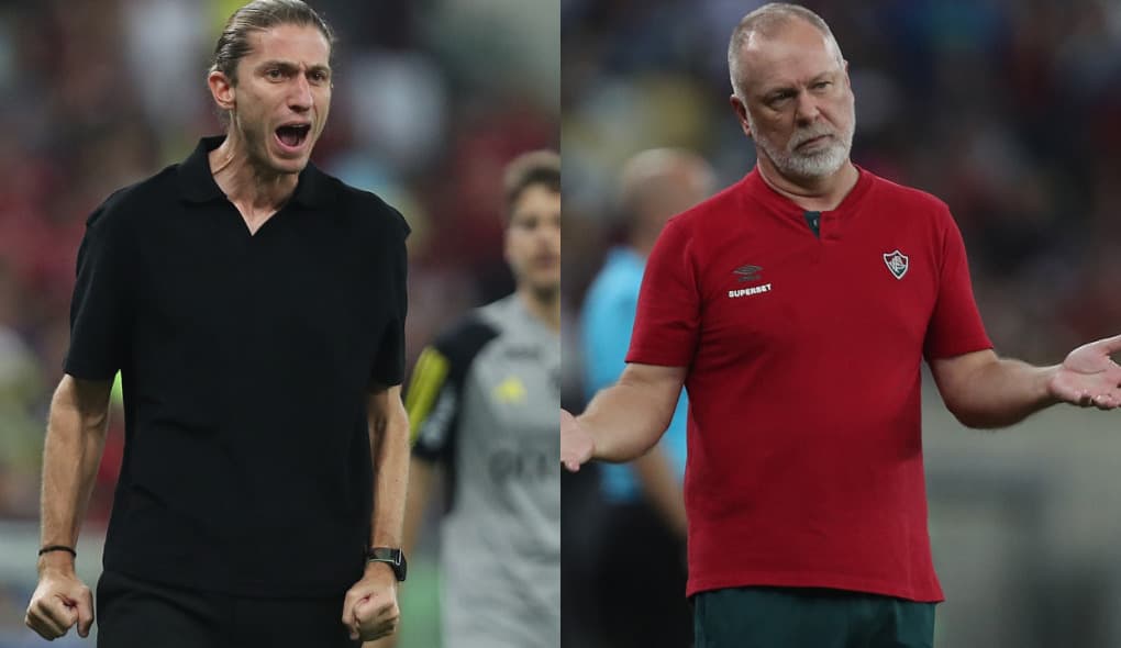 Filipe Luís (esquerda) no comando do Flamengo, e Mano Menezes (direita) em jogo do Fluminense; técnico do tricolor não convocou ídolo do Fla na Seleção Brasileira