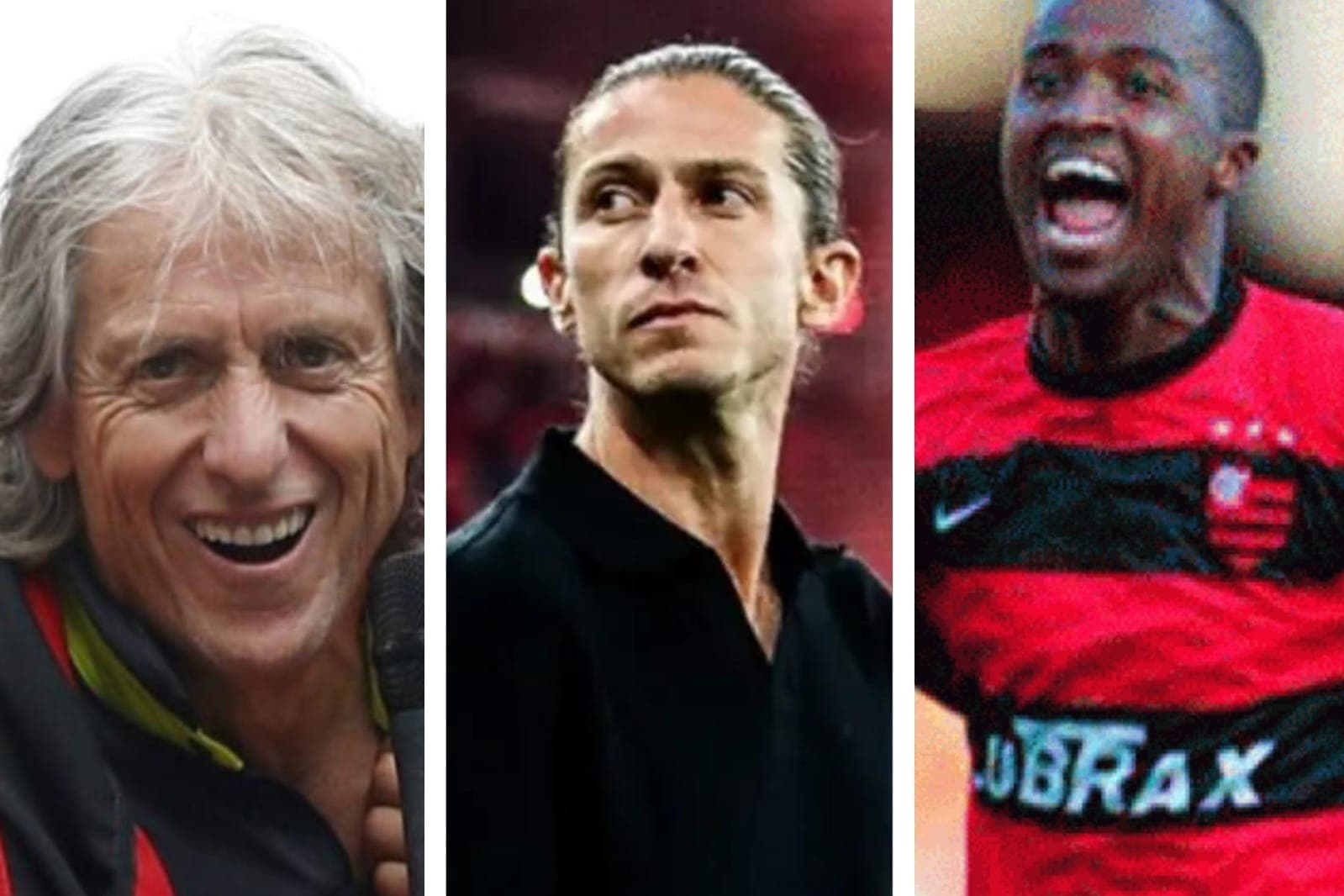 Jorge Jesus ri, Filipe Luís observa e Reinaldo comemora gol pelo Flamengo
