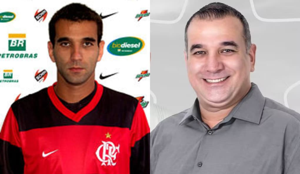 Léo Medeiros com a camisa do Flamengo e na campanha para prefeito em Minas Gerais; ex-Flamengo venceu nas eleições