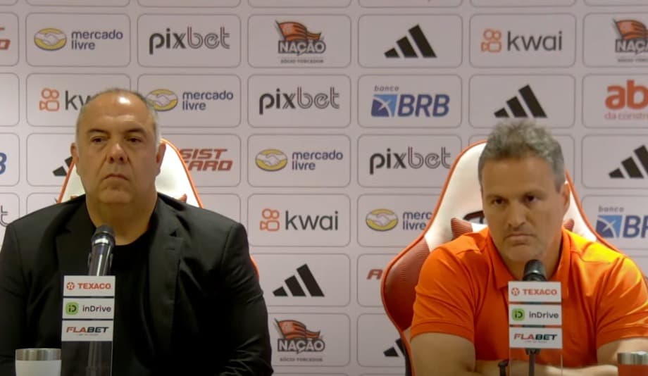 Marcos Braz e Bruno Spindel em coletiva do Flamengo; time apresentou Filipe Luís e falou sobre muitos técnicos