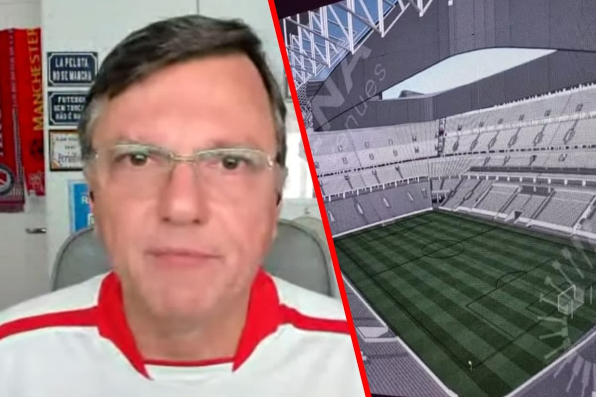 Montagem com Mauro Cezar Pereira em live no UOL Esporte e projeto do novo estádio do Flamengo