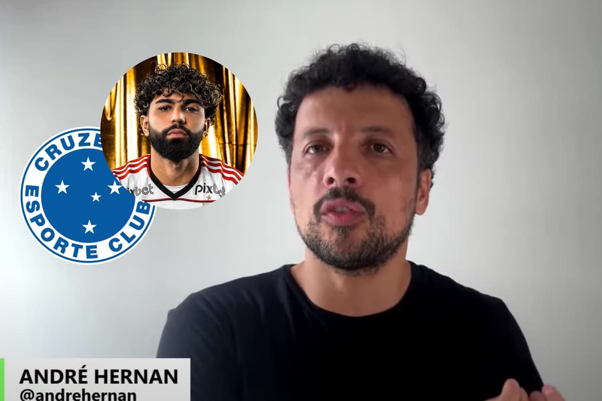 André Hernan em live no UOL com montagem do escudo do Cruzeiro e rosto do Gabigol