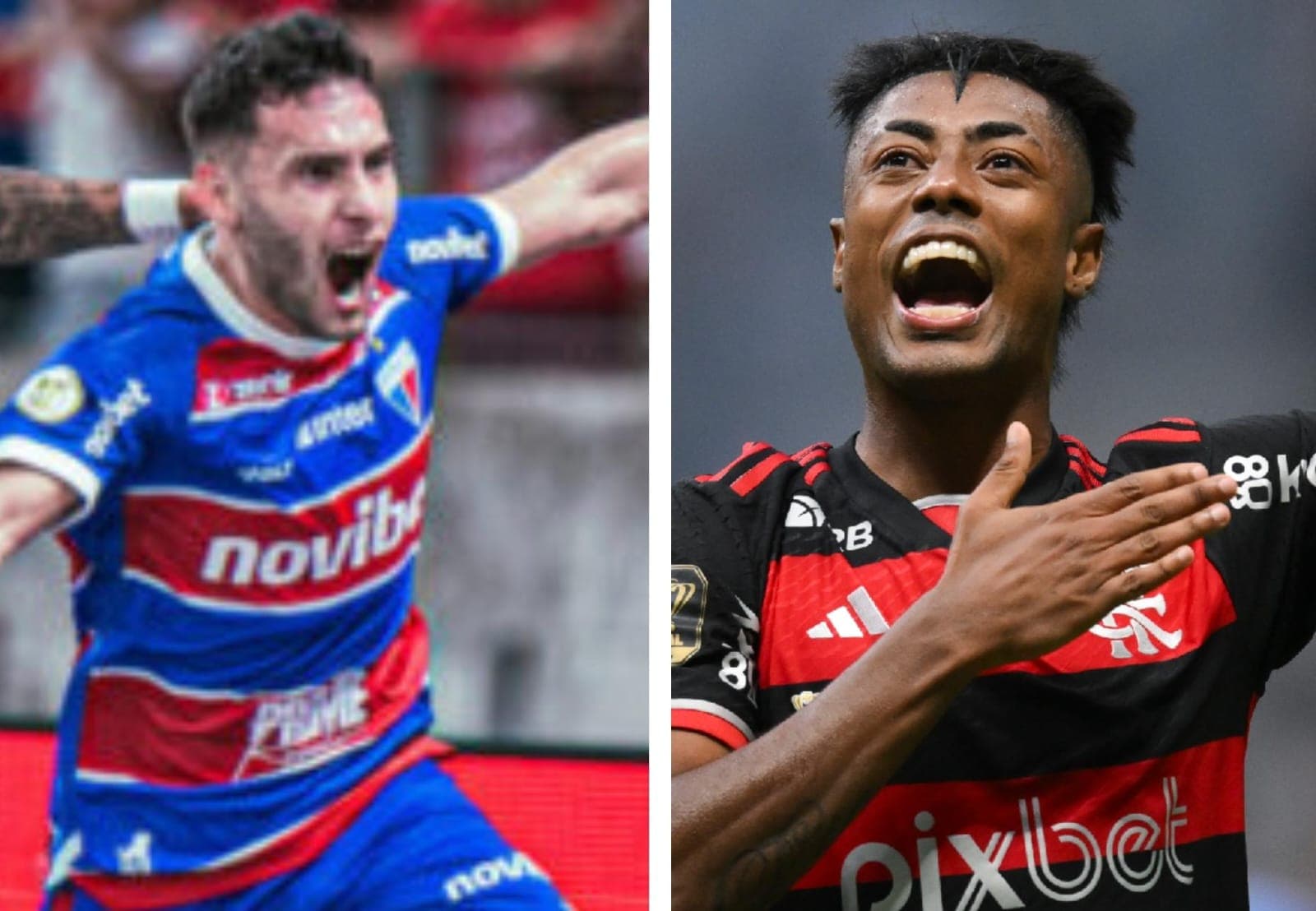 Emmanuel Martínez comemora gol pelo Fortaleza, e Bruno Henrique, pelo Flamengo