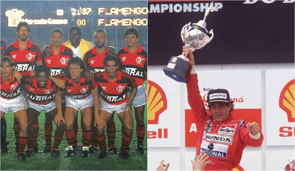 Time do Flamengo de 1991 (esquerda) e Ayrton Senna vencedor do GP do Brasil; vitória do piloto aconteceu no mesmo dia que Flamengo venceu Vasco por 3 a 0