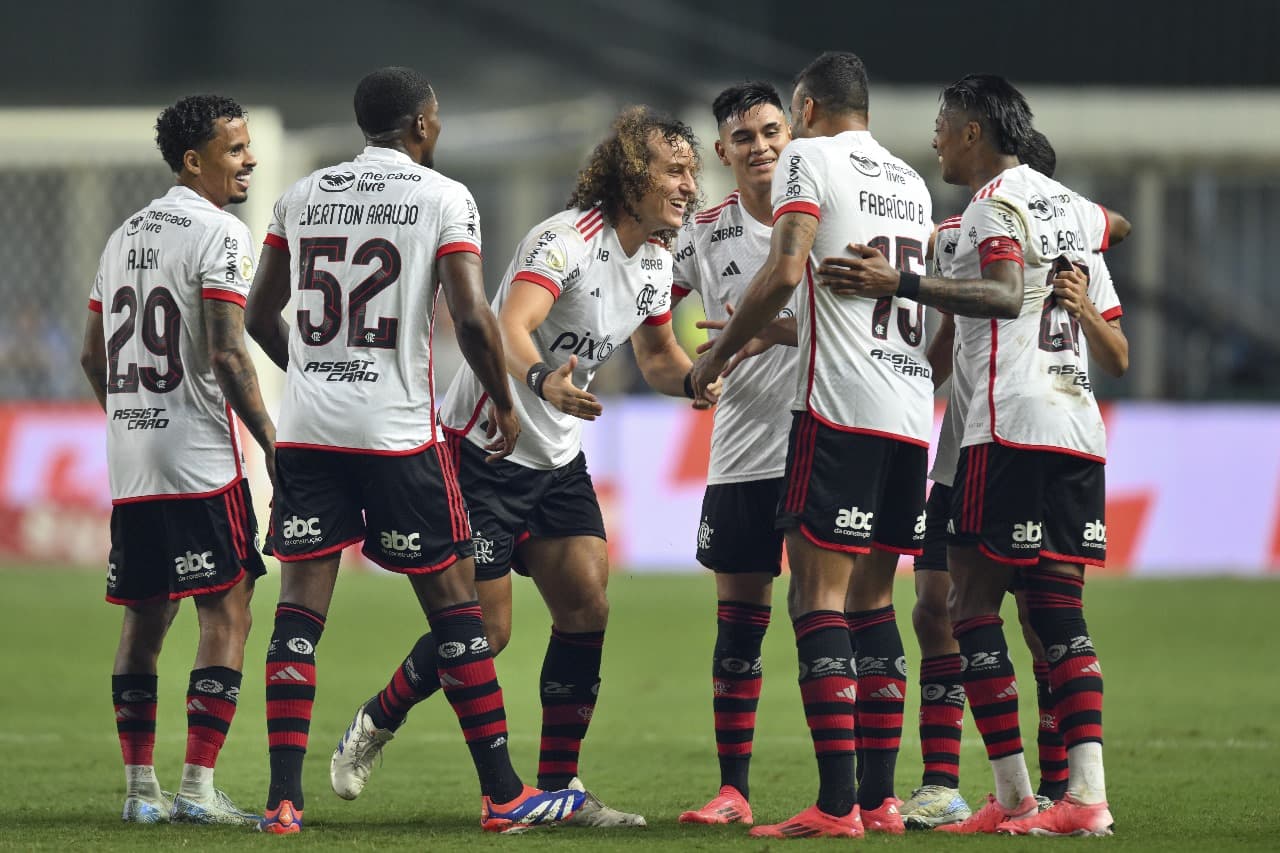 ELO HORIZONTE, BRASIL - 6 DE NOVEMBRO: David Luiz (C) do Flamengo comemora com os companheiros após marcar o primeiro gol de seu time durante a partida entre Cruzeiro e Flamengo no Brasileirão 2024, no Estádio Arena Independência, em 6 de novembro de 2024