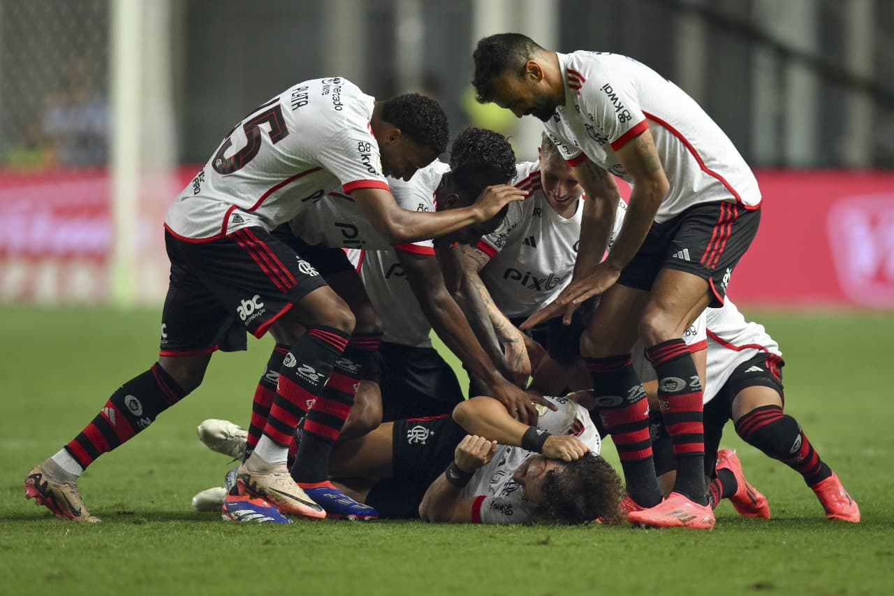 BELO HORIZONTE, BRASIL - 6 DE NOVEMBRO: David Luiz (C) do Flamengo comemora com os companheiros após marcar o primeiro gol de seu time durante a partida entre Cruzeiro e Flamengo no Brasileirão 2024, no Estádio Arena Independência, em 6 de novembro de 202