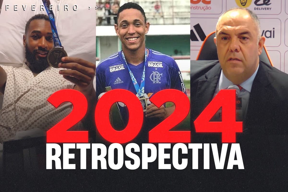 Montagem com fotos de Gerson internado, Christian Esmério e Marcos Braz com o letreiro "2024 Retrospectiva" e referência ao mês de fevereiro