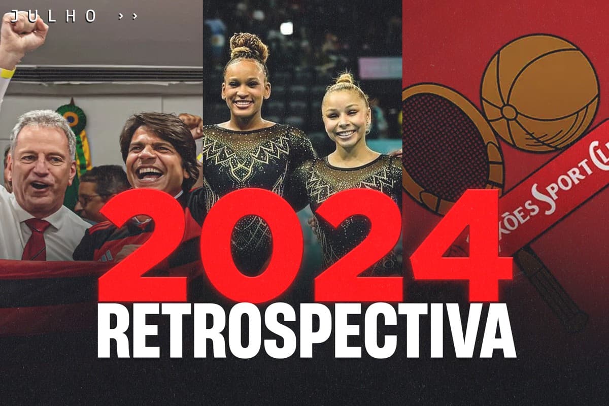Montagem com fotos de Landim e Pedro Paulo, Rebeca Andrade, Flavia Saraiva e escudo do Leixões com os dizerem "2024 retrospectiva" em destaque e, no topo, referencia ao mês de julho