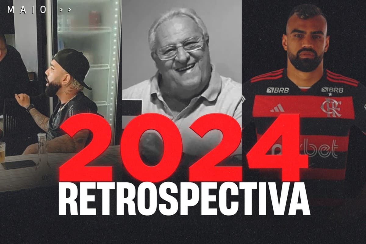 Montagem com imagens de Gabigol com camisa do Corinthians, Apolinho e Fabrício Bruno com letreiro "2024 retrospectiva" e detalhe em referência ao mês de maio
