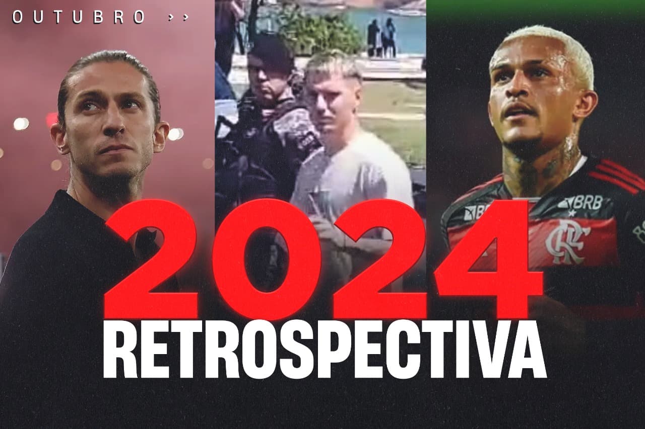retrospectiva 2024 na parte de baixo da imagem, na esquerda Filipe Luís em sua estreia contra o Corinthians, ao centro o jogador Varela sendo abordado por PMs em confusão na Praia do Recreio, na direita o lateral-direito Wesley com a camisa do flamengo