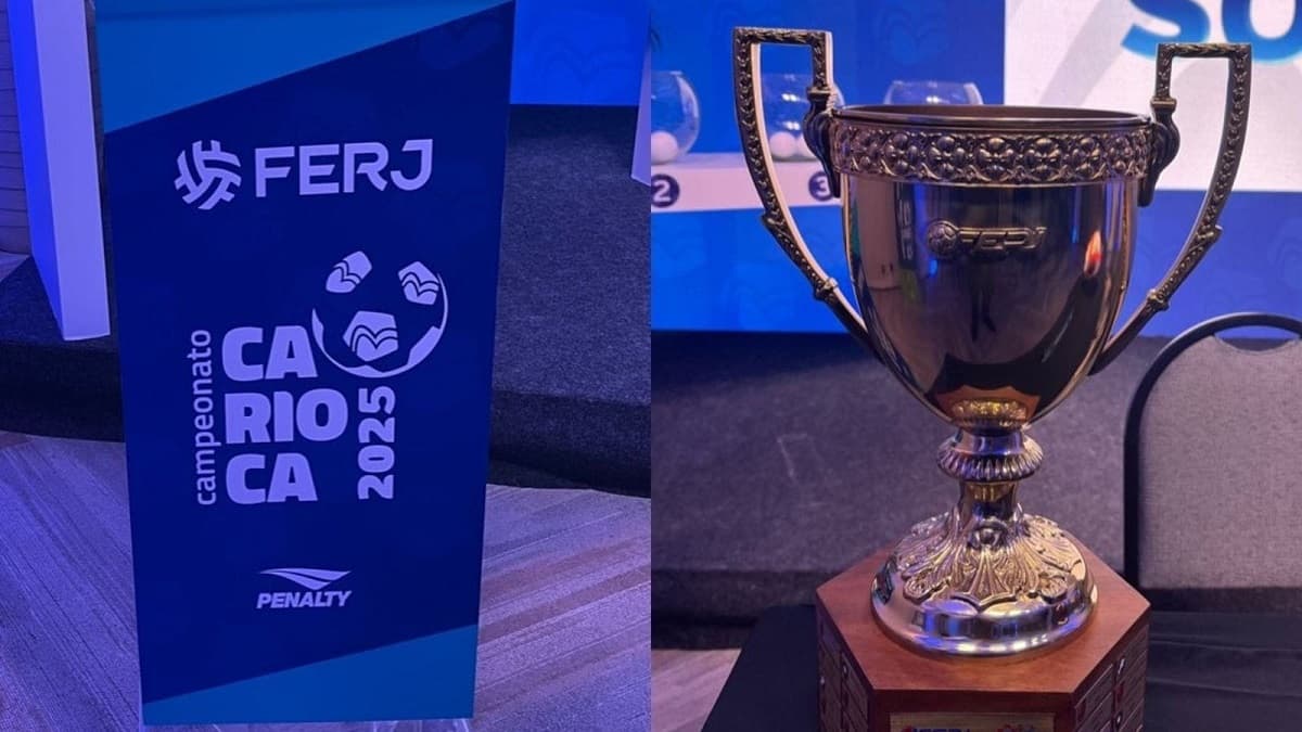 Imagem da taça de campeão do Carioca ao lado de banner da FERJ